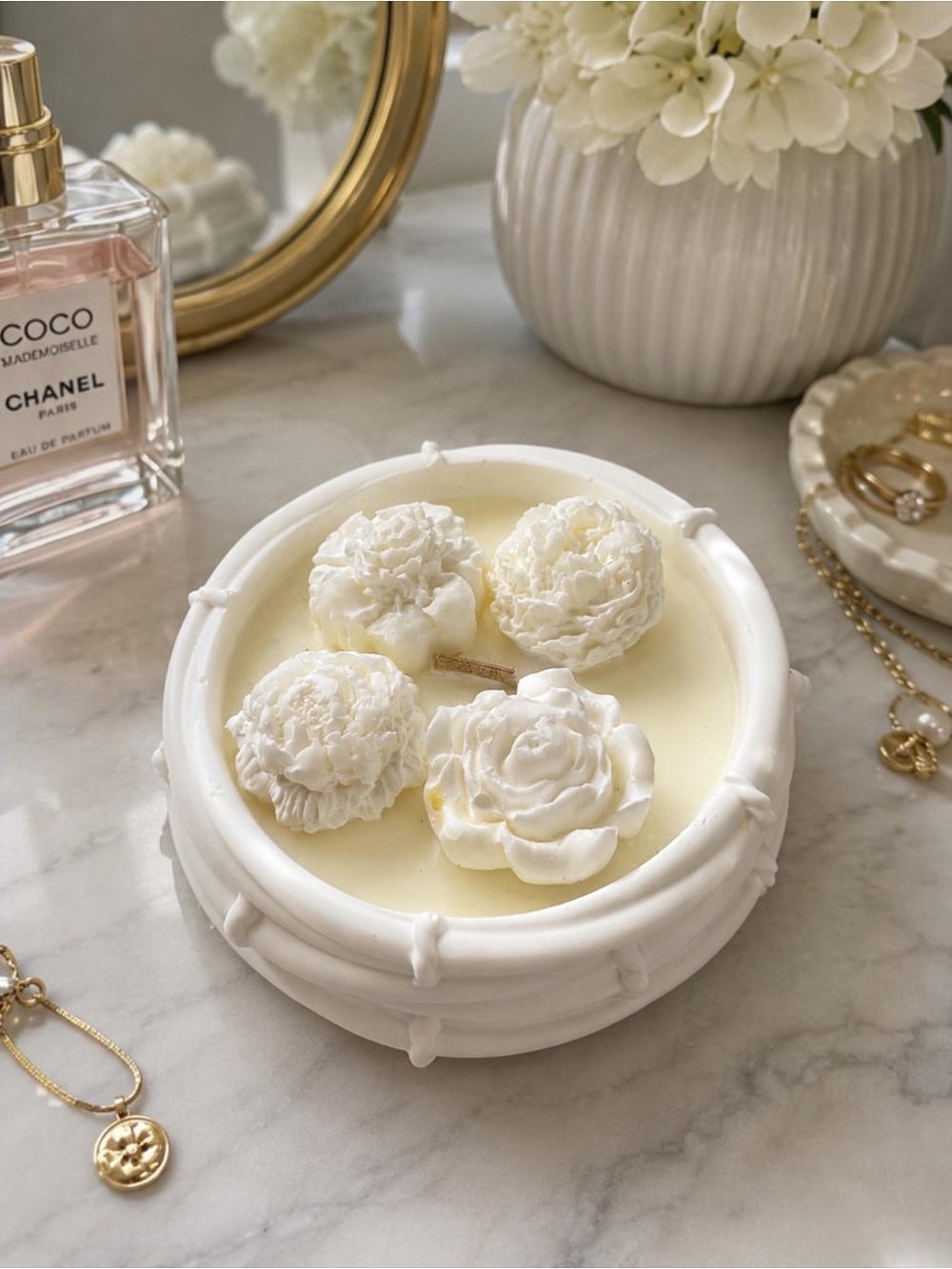 Cream White Floral Decorative Candle Bowl - Freshly Scented Home Accent